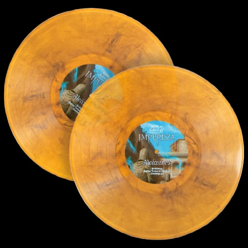 Two orange vinyl records with blue labels on a gray background